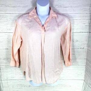 Uniqlo women Large pink 100% linen button up blouse cottage coquette coastal